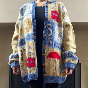 Vintage Chunky Cardigan Sweater XL Handmade Noahs Ark Elephant Lion Giraffe Bear